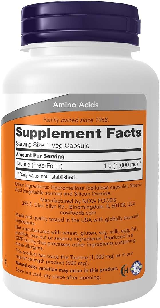 NOW Supplements, Taurine 1,000 mg, Double Strength, Nervous System Health*, 100 Veg Capsules - Image 2