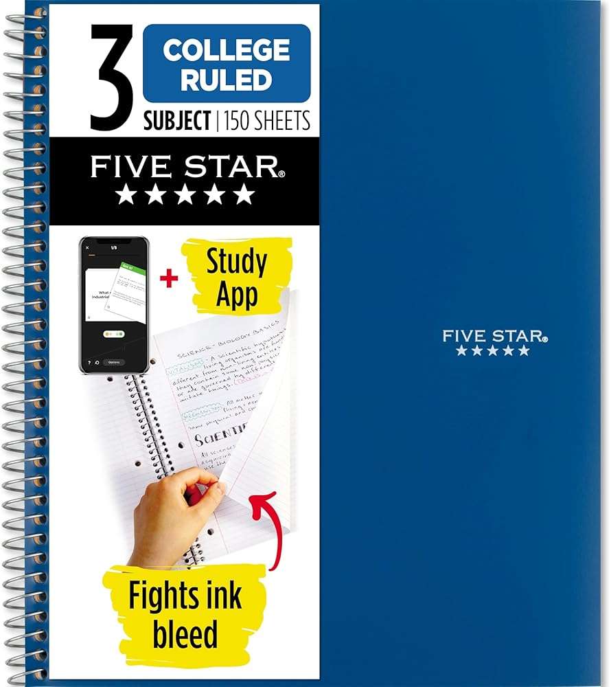 Five Star Spiral Notebook + Study App, 3 Subject, College Ruled Paper, 8-1/2" x 11", 150 Sheets, Fights Ink Bleed, Water Resistant Cover, Pacific Blue (73623) - Image 1