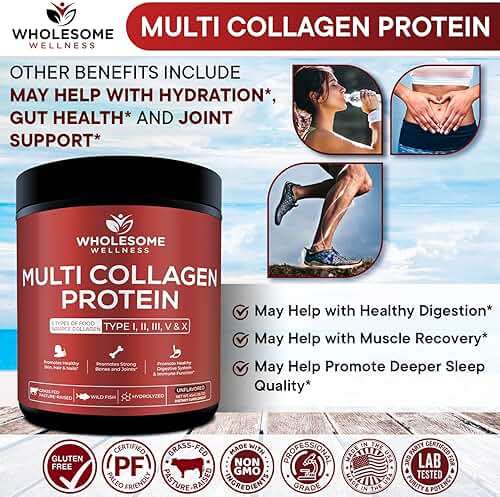 Wholesome Wellness Premium Multi Collagen Peptides Protein Powder for Women and Men, 5 Types of Hydrolyzed Collagen, Grass-Fed, Non-GMO & Unflavored, Pure Protein for Youthful Skin & Joint Recovery - Image 6