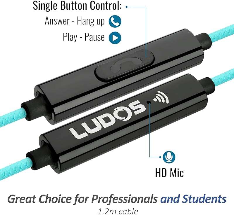 LUDOS Clamor Wired Earbuds in-Ear Headphones, 5 Years Warranty, Earphones with Mic, Noise Isolating Ear Buds, Memory Foam for iPhone, Samsung, School Students, Kids, Women, Small Ears - Turquoise - Image 2