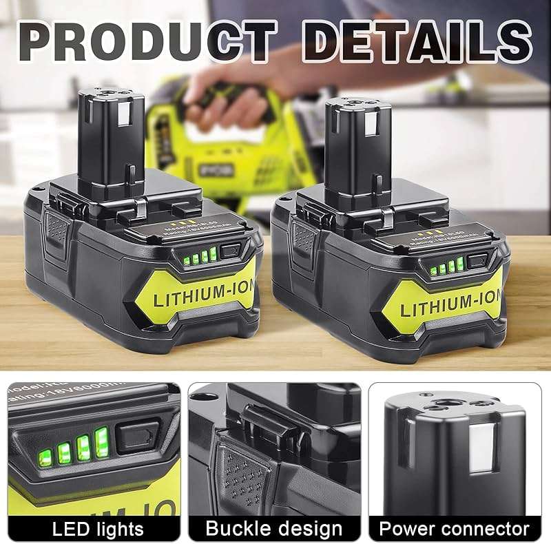 Futurebatt 2Pack 18V 6.0 Ah HIGH Capacity Battery for Ryobi ONE+ System P102 P103 P105 P107 P108 P109 P122 18-Volt LED Gauge Indicator Cordless Tool Battery - Image 2