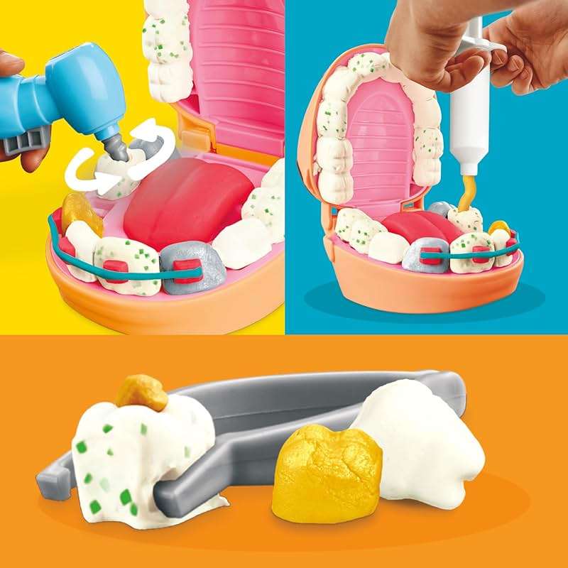Play-Doh Drill 'n Fill Dentist Toy for Kids 3 Years and Up with Cavity and Metallic Colored Modeling Compound, 10 Tools, 6 Total Cans, 2 Ounces Each, Non-Toxic, Assorted Colors - Image 4