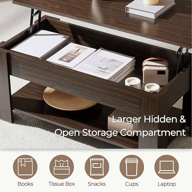 Yaheetech Lift Top Coffee Table with Hidden Compartment and Storage Shelf, Rising Tabletop Dining Table for Living Room Reception Room, 38.6in L, Espresso - Image 5