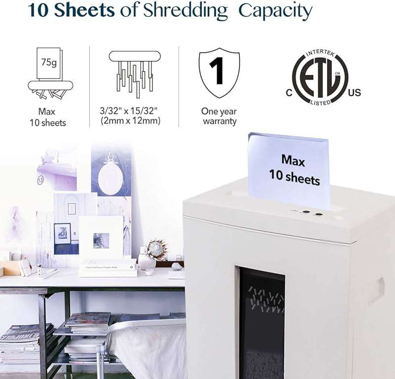 WOLVERINE 10-Sheet Super Micro Cut High Security Level P-5 Heavy Duty Paper/CD/Card Ultra Quiet Shredder for Home Office by 60 Mins Running Time and 6 Gallons Pullout Waste Bin SD9112(White ETL) - Image 2
