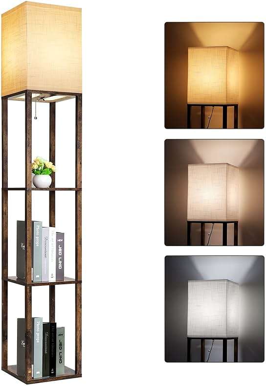 RUNTOP Floor Lamp with Shelves, Modern Shelf Lamp for Display Storage, 3 Color Temperature Wood Narrow Standing Corner Lamp with 8W Bulb for Living Room Decor, Bedroom, Office, Home Decor(Brown) - Image 1