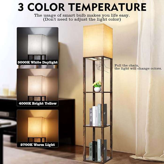 RUNTOP Floor Lamp with Shelves, Modern Shelf Lamp for Display Storage, 3 Color Temperature Wood Narrow Standing Corner Lamp with 8W Bulb for Living Room Decor, Bedroom, Office, Home Decor(Brown) - Image 3