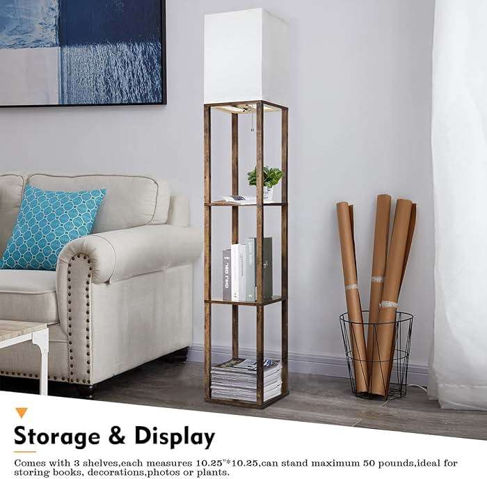 RUNTOP Floor Lamp with Shelves, Modern Shelf Lamp for Display Storage, 3 Color Temperature Wood Narrow Standing Corner Lamp with 8W Bulb for Living Room Decor, Bedroom, Office, Home Decor(Brown) - Image 4