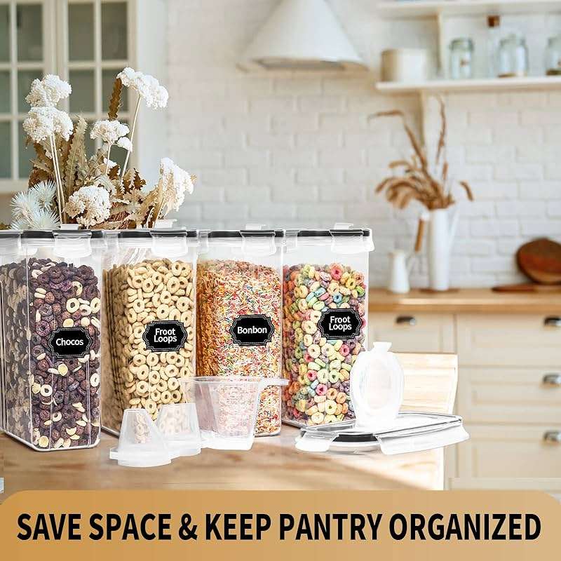 PRAKI Cereal Containers Storage Set (4L,135.2 Oz), 4PCS Airtight Food Storage Containers with Pour Spout for Kitchen & Pantry Organization Cereal Dispensers with 20 labels, Measuring Cup & Marker - Image 2