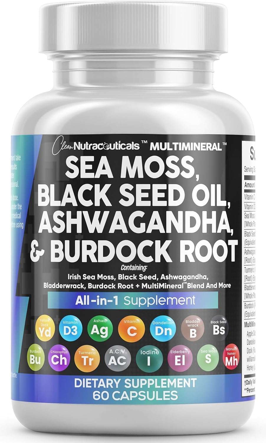 Clean Nutraceuticals Sea Moss Black Seed Oil Ashwagandha Turmeric Bladderwrack Burdock & Vitamin C Vitamin D3 with Elderberry Manuka Dandelion Yellow Dock Iodine Chlorophyll ACV - Image 1