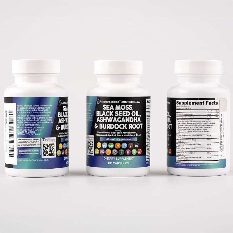 Clean Nutraceuticals Sea Moss Black Seed Oil Ashwagandha Turmeric Bladderwrack Burdock & Vitamin C Vitamin D3 with Elderberry Manuka Dandelion Yellow Dock Iodine Chlorophyll ACV - Image 8