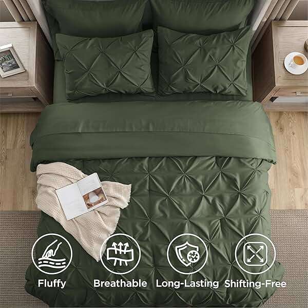 Bedsure Queen Comforter Set Olive Green - Bed in a Bag Queen Size Bedding 7 Pieces, GentleSoft™ Pintuck Bed Set Gift for Family, Pinch Pleat All Season Comforter with Sheets, Pillowcases & Shams - Image 6