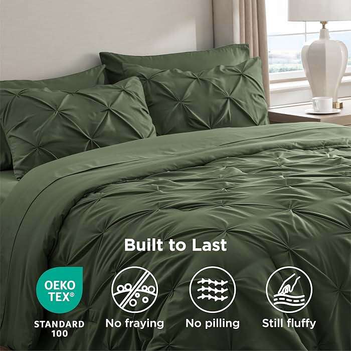 Bedsure Queen Comforter Set Olive Green - Bed in a Bag Queen Size Bedding 7 Pieces, GentleSoft™ Pintuck Bed Set Gift for Family, Pinch Pleat All Season Comforter with Sheets, Pillowcases & Shams - Image 8