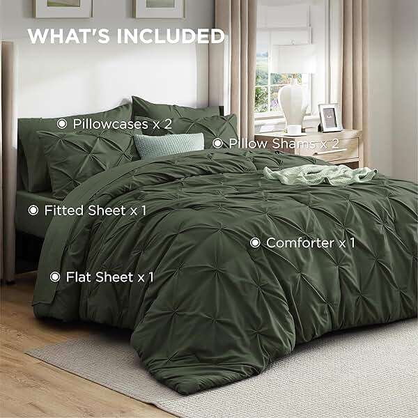 Bedsure Queen Comforter Set Olive Green - Bed in a Bag Queen Size Bedding 7 Pieces, GentleSoft™ Pintuck Bed Set Gift for Family, Pinch Pleat All Season Comforter with Sheets, Pillowcases & Shams - Image 9