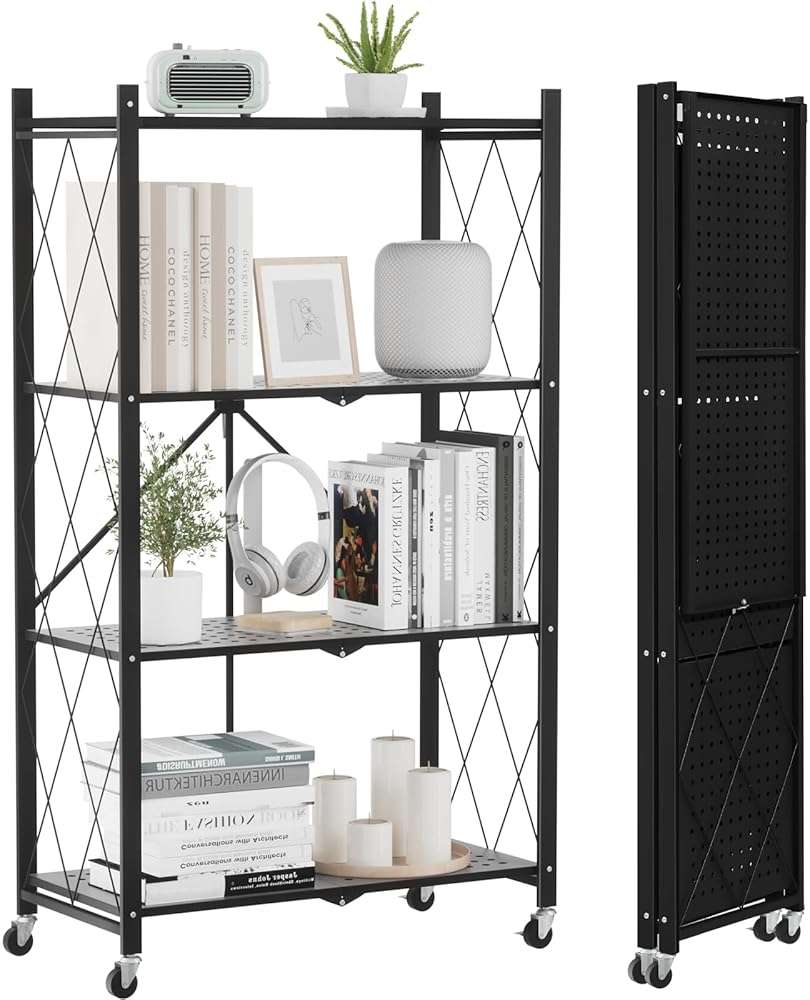 ALANNG Heavy Duty 4-Tier Folding Shelf with Wheels, No Tools Assembly Metal Storage Rack Cart, 264LBS Capacity for Kitchen, Pantry, Laundry Room, Garage, (Black, 1PACK) - Image 1