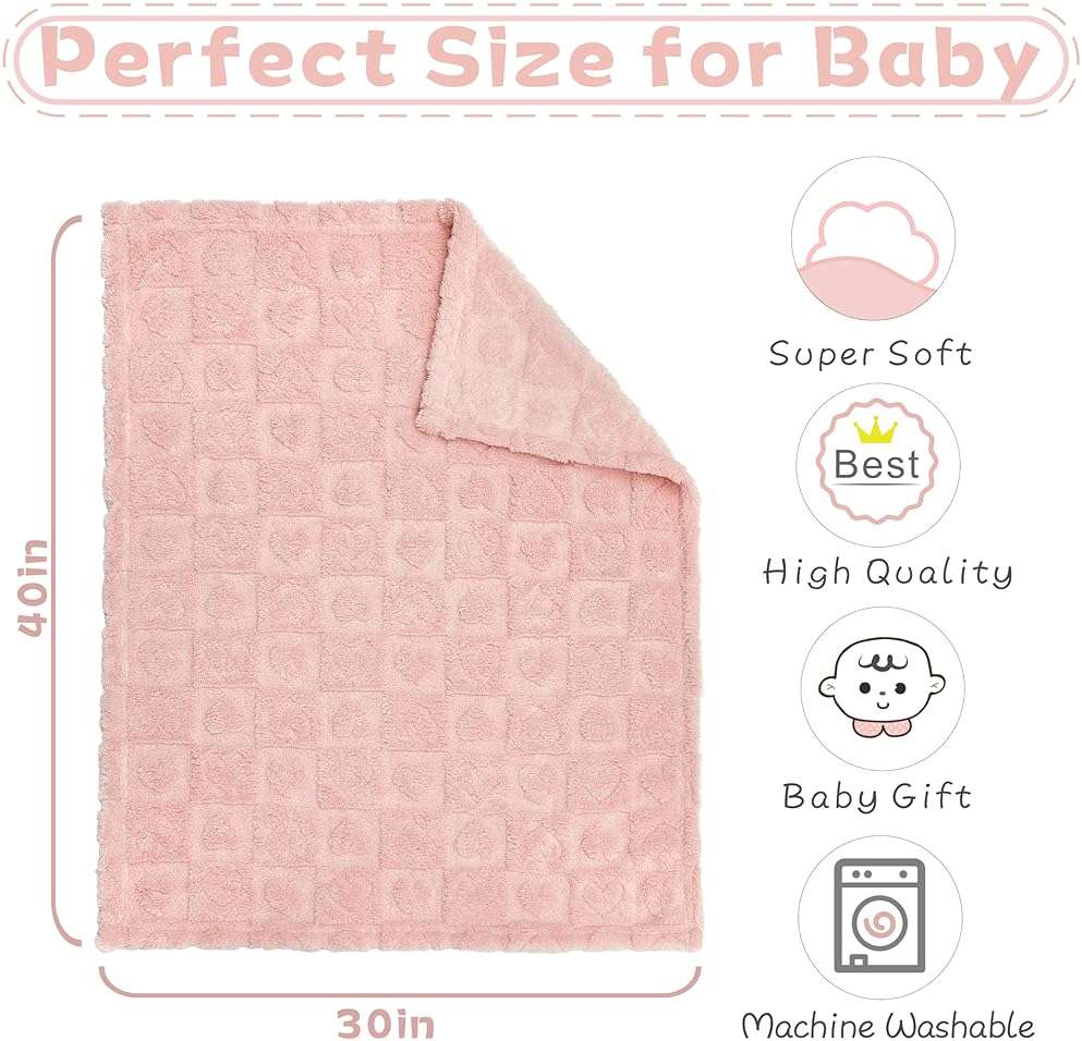 Yurhap Fleece Baby Blanket Heart Checkered Blanket, Ultra Soft Cozy Baby Blankets for Girls Boys, Fluffy Infant Toddler Newborn Receiving Blankets for Crib Stroller 30”×40” (Light Pink) - Image 3