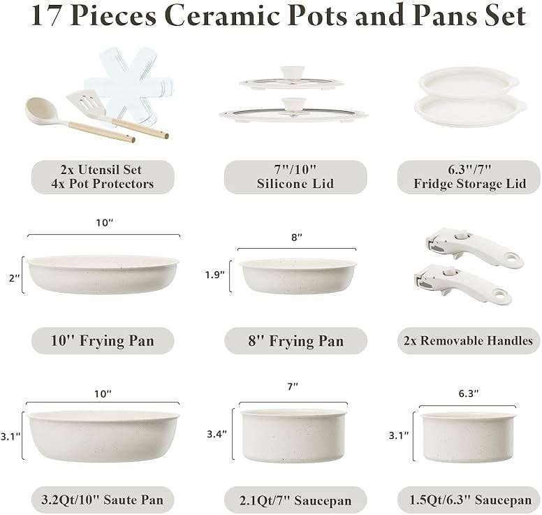 Bazova Ceramic Nonstick Cookware Set, Healthy,Non Toxic,17-Pieces Pots and Pans Set Removable Handles,Induction RV Kitchen Set,Stain & Scratch-resistant,Dishwasher/Oven Safe,PFAS/PFOA Free,Cream White - Image 2