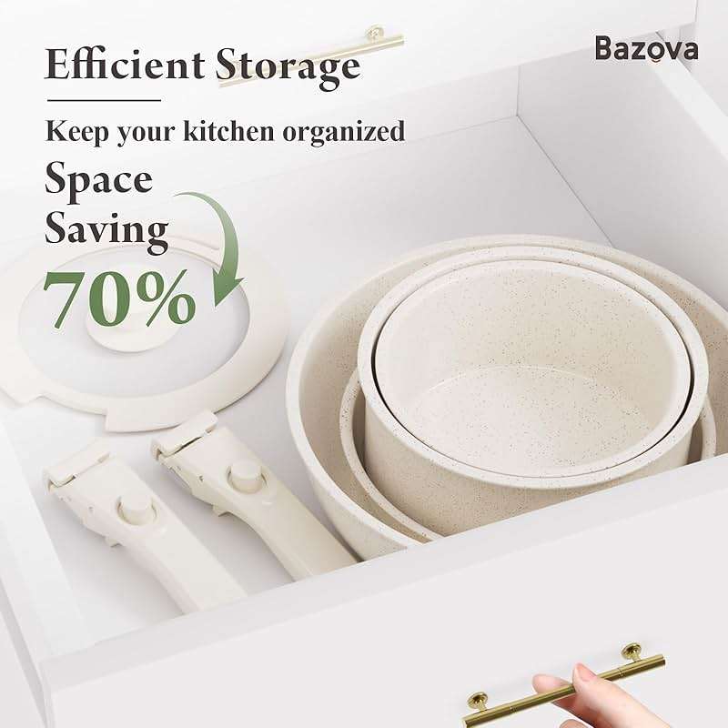 Bazova Ceramic Nonstick Cookware Set, Healthy,Non Toxic,17-Pieces Pots and Pans Set Removable Handles,Induction RV Kitchen Set,Stain & Scratch-resistant,Dishwasher/Oven Safe,PFAS/PFOA Free,Cream White - Image 3