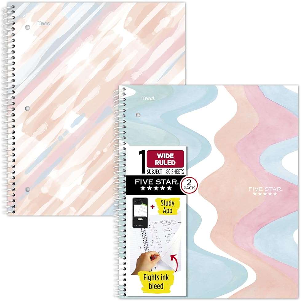 Five Star Spiral Notebook + Study App, 2 Pack, 1 Subject, Wide Ruled, 8" x 10-1/2", 80 Sheets, Fights Ink Bleed, Water Resistant Cover, Pastel Waves and Brush Strokes (930210F-ECM) - Image 1