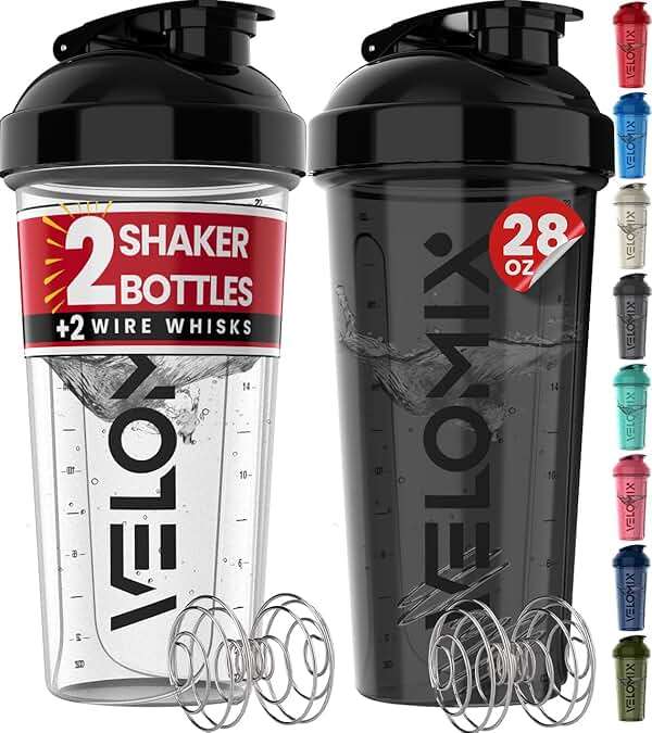 VELOMIX -2 Pack- 28 oz Protein Shaker Bottles for Protein Mixes - 2x Wire Whisk | Leak Proof Shaker Cups for Protein Shakes | Protein Shaker Bottle Pack (Black/Transparent) - Image 1