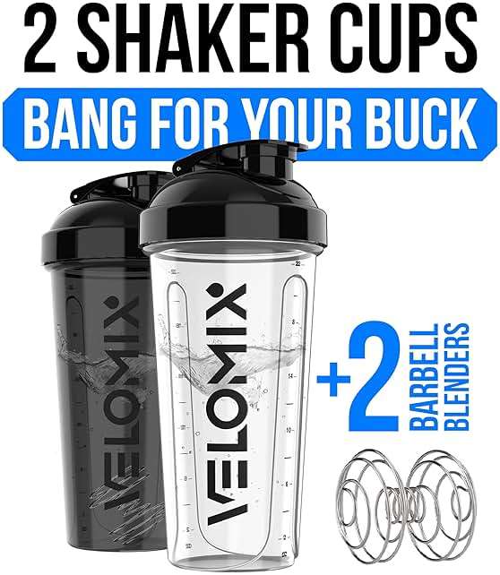 VELOMIX -2 Pack- 28 oz Protein Shaker Bottles for Protein Mixes - 2x Wire Whisk | Leak Proof Shaker Cups for Protein Shakes | Protein Shaker Bottle Pack (Black/Transparent) - Image 2