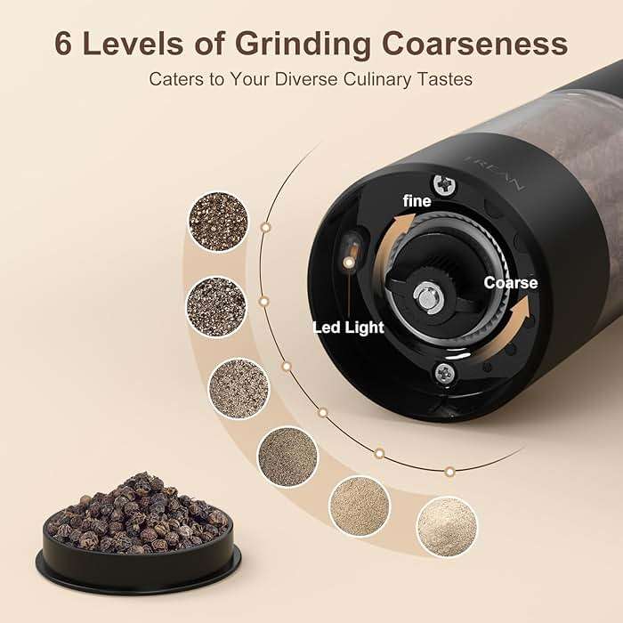 Ultrean Pepper Grinder, Rechargeable Salt and Pepper Grinder with 6 Adjustable Coarseness, LED Light, Automatic Grinder for Kitchen, Home and Kitchen Appliances Birthday Gifts for Women, Black - Image 3