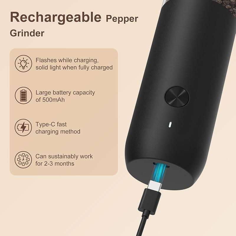 Ultrean Pepper Grinder, Rechargeable Salt and Pepper Grinder with 6 Adjustable Coarseness, LED Light, Automatic Grinder for Kitchen, Home and Kitchen Appliances Birthday Gifts for Women, Black - Image 4