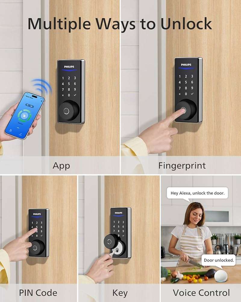 Philips Wi-Fi Smart Door Lock, Keyless Entry Door Lock with App Control,Fingerprint ID,Auto Lock,Keypad Deadbolt with Wi-Fi Bridge Adaptor,Smart Locks for Front Door-Matte Black - Image 2
