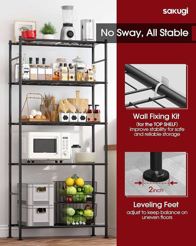 Sakugi Storage Shelves - 5 Tier Shelf Organizer, Heavy Duty Garage Shelving Unit with Leveling Feet, Stable Metal Shelves Organizer for Pantry, Kitchen and Closet, 33.0" W x 12.6" D x 72.0" H, Black - Image 7