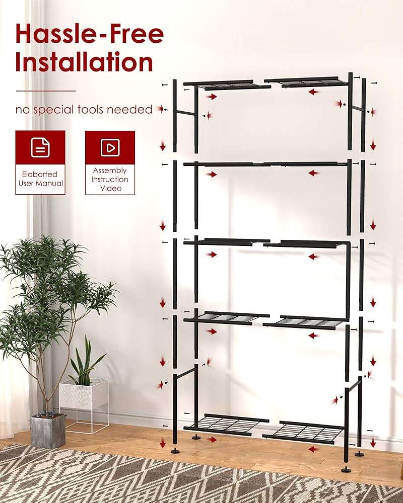 Sakugi Storage Shelves - 5 Tier Shelf Organizer, Heavy Duty Garage Shelving Unit with Leveling Feet, Stable Metal Shelves Organizer for Pantry, Kitchen and Closet, 33.0" W x 12.6" D x 72.0" H, Black - Image 8