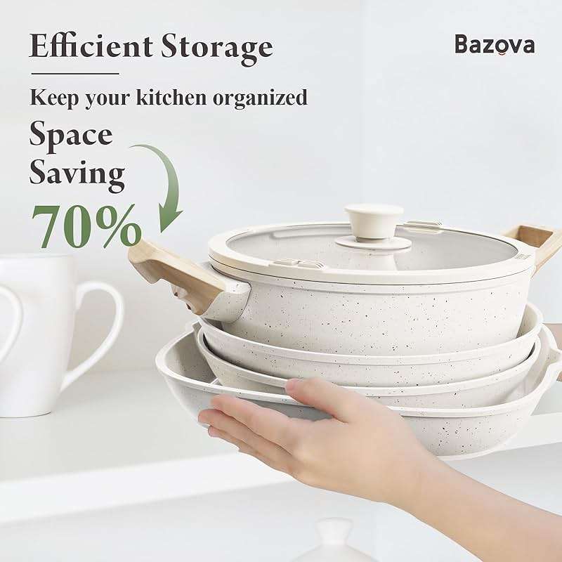 Bazova 19 Pcs Pots and Pans Set Non Stick Ceramic Cookware Set with Removable Handles, Non Toxic Induction Kitchen Cookware Sets RV Cookware,Dishwasher/Oven Safe PFAS/PTFE/PFOA Free Cream White - Image 3