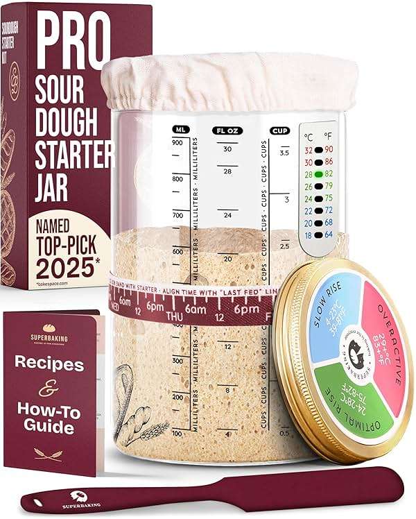 Superbaking Sourdough Starter Jar, Beginner Sourdough Starter Kit, 34oz Wide Mouth Sour Dough Glass Jar with Guides & Recipes, Sourdough Bread Baking Supplies, Sourdough Container Crock - Image 1