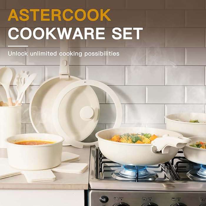 Astercook Ceramic Non-stick Cookware 21 Pcs Pots and Pans Set, Detachable Handle, RV Kitchen Non Stick Cooking Set Removable Handles, Oven Safe, Induction Ready, Stackable, Cream White - Image 5