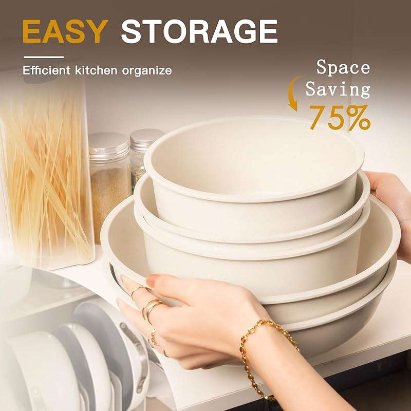 Astercook Ceramic Non-stick Cookware 21 Pcs Pots and Pans Set, Detachable Handle, RV Kitchen Non Stick Cooking Set Removable Handles, Oven Safe, Induction Ready, Stackable, Cream White - Image 6