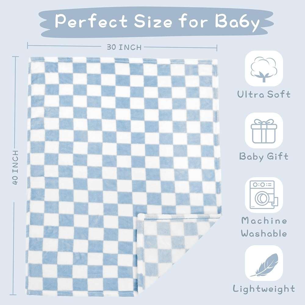 Yurhap Checkered Baby Blanket Fleece Baby Blankets for Boys, Ultra Soft Cozy Fluffy Infant Toddler Newborn Receiving Blankets for Crib Stroller, 30''x40'', Blue - Image 3