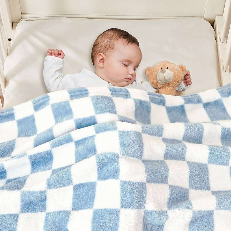 Yurhap Checkered Baby Blanket Fleece Baby Blankets for Boys, Ultra Soft Cozy Fluffy Infant Toddler Newborn Receiving Blankets for Crib Stroller, 30''x40'', Blue - Image 4