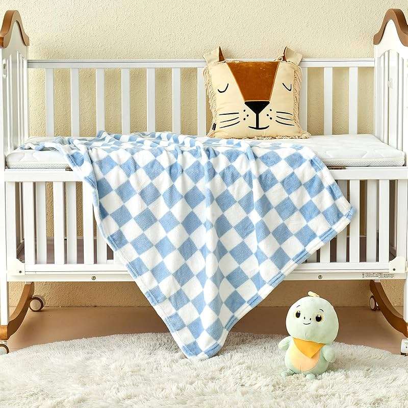 Yurhap Checkered Baby Blanket Fleece Baby Blankets for Boys, Ultra Soft Cozy Fluffy Infant Toddler Newborn Receiving Blankets for Crib Stroller, 30''x40'', Blue - Image 5