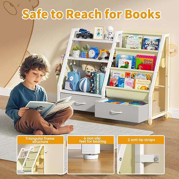 Twinkoo Kids Bookshelf and Toy Organizer, Sturdy 3 Tier Kid Bookcase, Sling Bookshelf and 2 Toy Bins, Toddler Montessori Book Shelf with Toy Storage Organizer for Children Room, Playroom, Nursery - Image 4