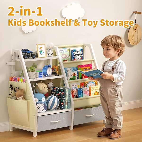 Twinkoo Kids Bookshelf and Toy Organizer, Sturdy 3 Tier Kid Bookcase, Sling Bookshelf and 2 Toy Bins, Toddler Montessori Book Shelf with Toy Storage Organizer for Children Room, Playroom, Nursery - Image 5