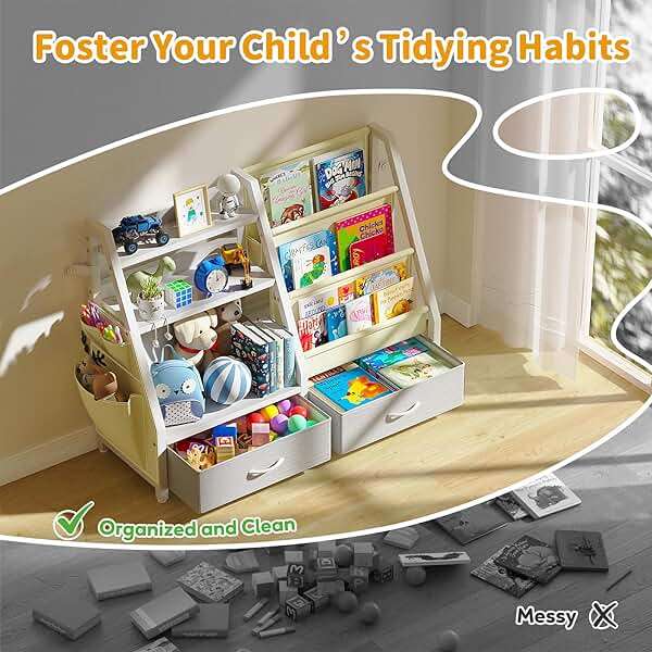 Twinkoo Kids Bookshelf and Toy Organizer, Sturdy 3 Tier Kid Bookcase, Sling Bookshelf and 2 Toy Bins, Toddler Montessori Book Shelf with Toy Storage Organizer for Children Room, Playroom, Nursery - Image 6
