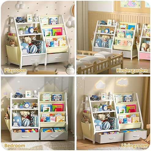Twinkoo Kids Bookshelf and Toy Organizer, Sturdy 3 Tier Kid Bookcase, Sling Bookshelf and 2 Toy Bins, Toddler Montessori Book Shelf with Toy Storage Organizer for Children Room, Playroom, Nursery - Image 8