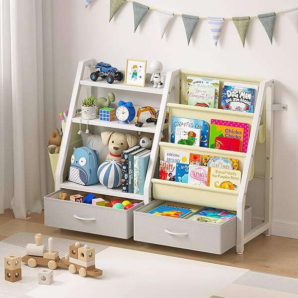 Twinkoo Kids Bookshelf and Toy Organizer, Sturdy 3 Tier Kid Bookcase, Sling Bookshelf and 2 Toy Bins, Toddler Montessori Book Shelf with Toy Storage Organizer for Children Room, Playroom, Nursery - Image 9