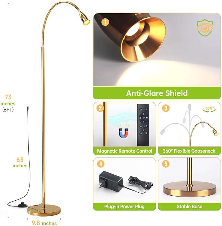 SpeePlant Reading Floor Lamp, 73" Standing Lamp with Dimmable Zoomable LED Spotlight, Adjustable Color Beam and Flexible Gooseneck, Remote & Pedal Control, for Reading Bedroom Crafting (Antique Brass) - Image 6