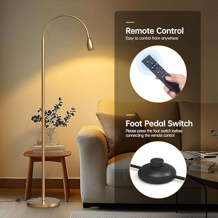 SpeePlant Reading Floor Lamp, 73" Standing Lamp with Dimmable Zoomable LED Spotlight, Adjustable Color Beam and Flexible Gooseneck, Remote & Pedal Control, for Reading Bedroom Crafting (Antique Brass) - Image 7