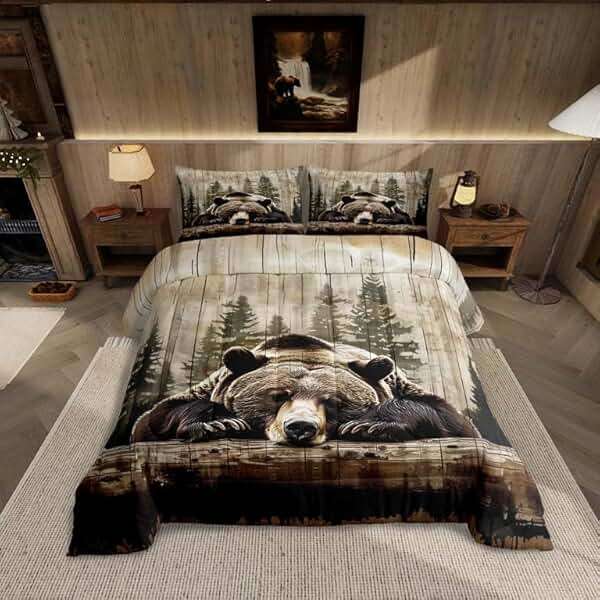 Feelyou Grizzly Bear Comforter Set Queen Size, Wild Animal Hunting Quilt Set with 2 Pillowcases, Rustic Cabin Farmhouse Bedding Set 3pcs for Kids Boys Teens Room Decor, Western Country Duvet Insert - Image 1