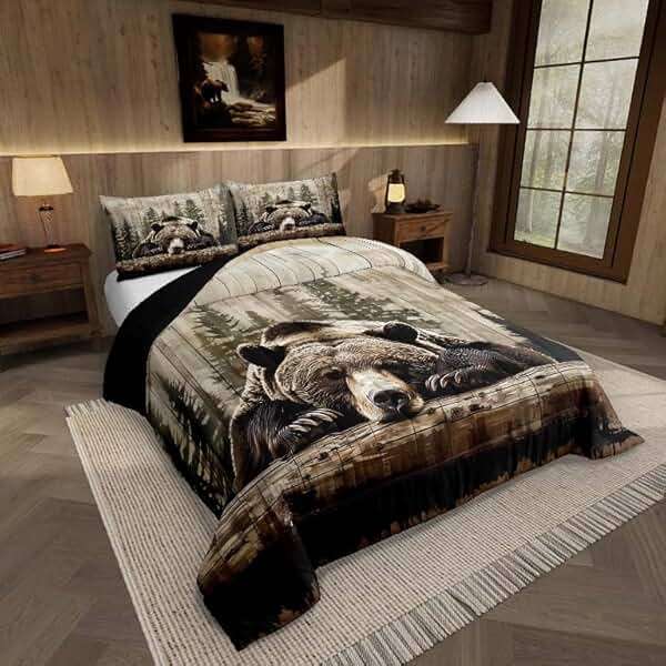 Feelyou Grizzly Bear Comforter Set Queen Size, Wild Animal Hunting Quilt Set with 2 Pillowcases, Rustic Cabin Farmhouse Bedding Set 3pcs for Kids Boys Teens Room Decor, Western Country Duvet Insert - Image 2