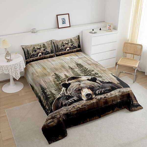Feelyou Grizzly Bear Comforter Set Queen Size, Wild Animal Hunting Quilt Set with 2 Pillowcases, Rustic Cabin Farmhouse Bedding Set 3pcs for Kids Boys Teens Room Decor, Western Country Duvet Insert - Image 4