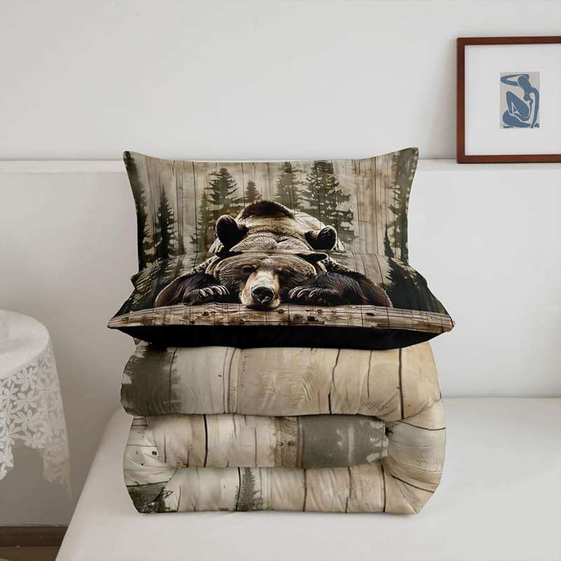 Feelyou Grizzly Bear Comforter Set Queen Size, Wild Animal Hunting Quilt Set with 2 Pillowcases, Rustic Cabin Farmhouse Bedding Set 3pcs for Kids Boys Teens Room Decor, Western Country Duvet Insert - Image 5