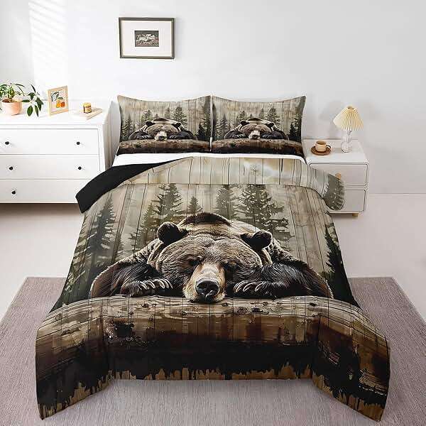 Feelyou Grizzly Bear Comforter Set Queen Size, Wild Animal Hunting Quilt Set with 2 Pillowcases, Rustic Cabin Farmhouse Bedding Set 3pcs for Kids Boys Teens Room Decor, Western Country Duvet Insert - Image 6