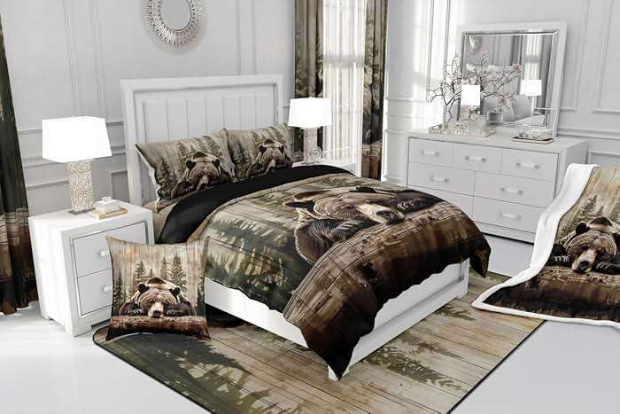 Feelyou Grizzly Bear Comforter Set Queen Size, Wild Animal Hunting Quilt Set with 2 Pillowcases, Rustic Cabin Farmhouse Bedding Set 3pcs for Kids Boys Teens Room Decor, Western Country Duvet Insert - Image 7