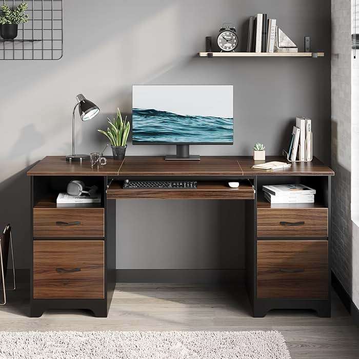 Bestier 59” Computer Desk with 4 Drawers, Office Desk with Storage, Industrial Executive Desk with File Drawer, Keyboard Tray & 2 Pedestals for Home Office & Studio, Cherry - Image 2